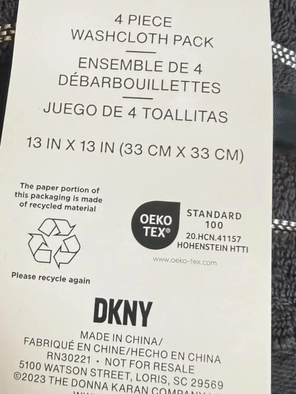 NWT DKNY 4-Piece Washcloth Pack Black Striped Cotton Towels Set